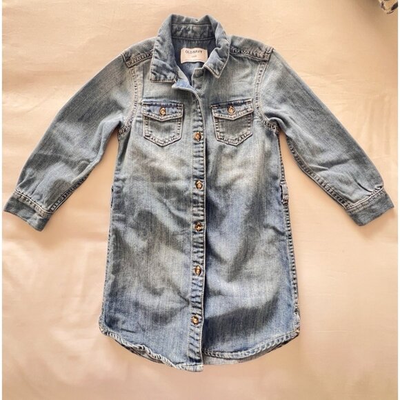 OLD NAVY Girls XS (5) Blue Denim Shirt DRESS Pockets LONG Sleeve BUTTON No Belt - Picture 1 of 14